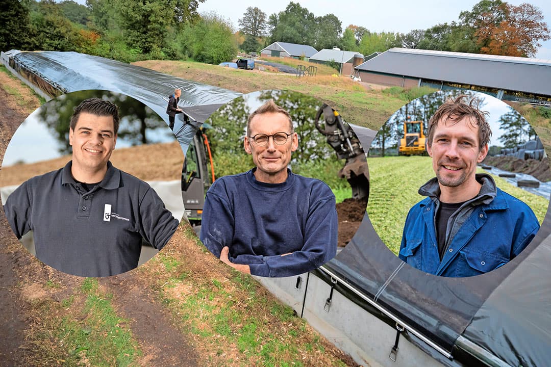 Melkveehouders Chiel Kamphuis uit Geesteren (Ov.), Rudie Freriks uit Luttenberg (Ov.) en Johan Bosma uit Rutten (Fl.) vertellen hoe zij hun maiskuil afdekken. Foto's: Michel Velderman, Anne van der Woude en Ronald Hissink, bewerking Misset