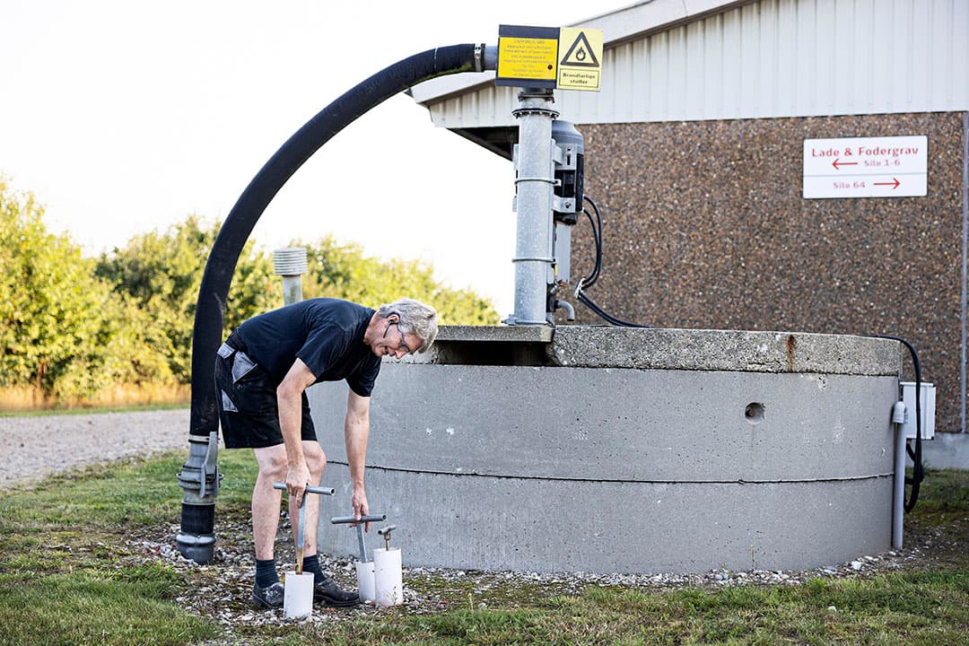 Aan de voorzijde van stal wordt de mest naar de opslag gepompt. Er is een leiding voor mest en een voor spoelwater.