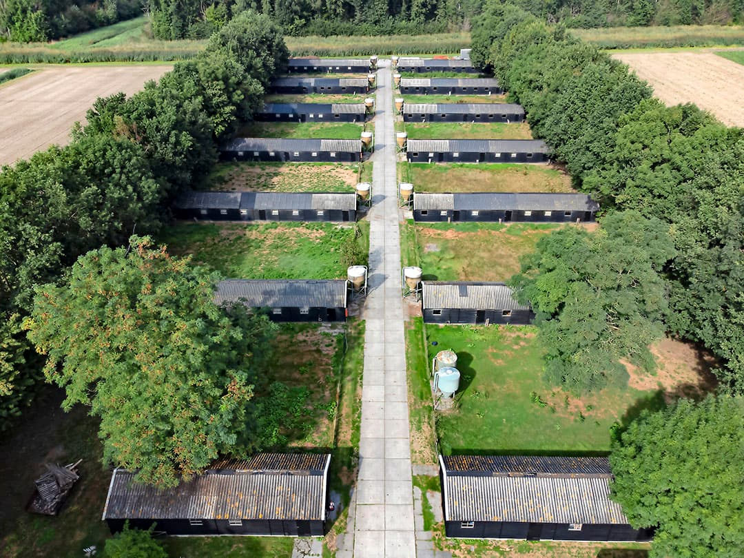Luchtfoto van een deel van biologisch vleeskuikenbedrijf De Polderhoenderhof in Lelystad. De kuikens zitten inmiddels al bijna een jaar binnen. “Ik vind het vreselijk jammer en het is saai bovendien”, zo zegt Bart Kok. - Foto: Kastermans Studio