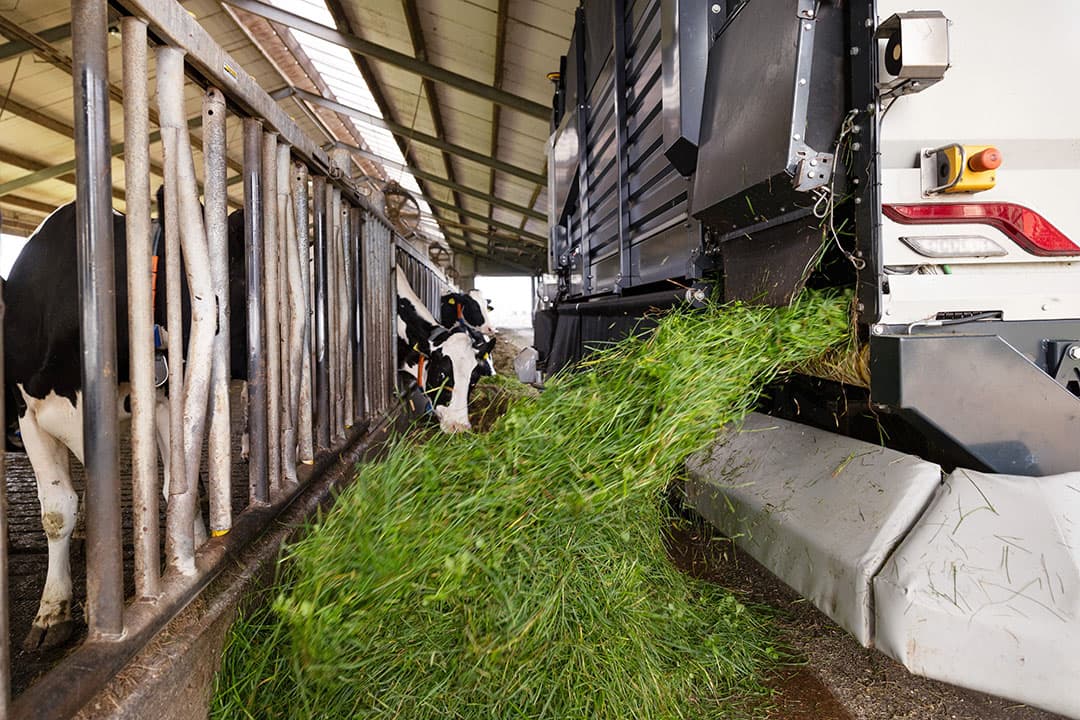 Naast maaien en lossen van vers gras, kan de robot ook nog bemesten tijdens dezelfde werkgang van net gemaaid land.