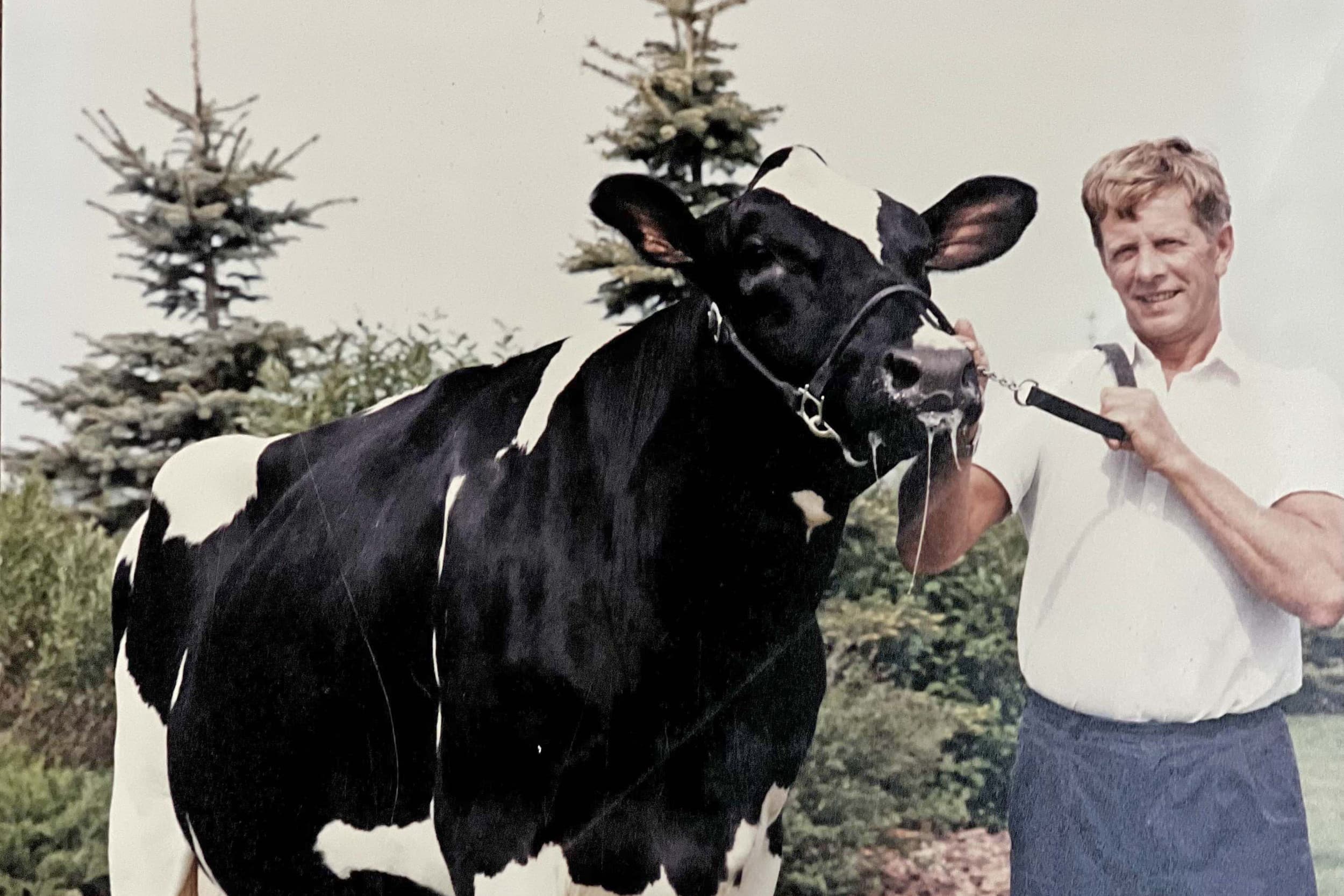 Egbert nog in Nederland, op een keuring met Bet 83. Deze superkoe moest hij verkopen toen hij emigreerde. Het deed pijn, maar het kon niet anders.
