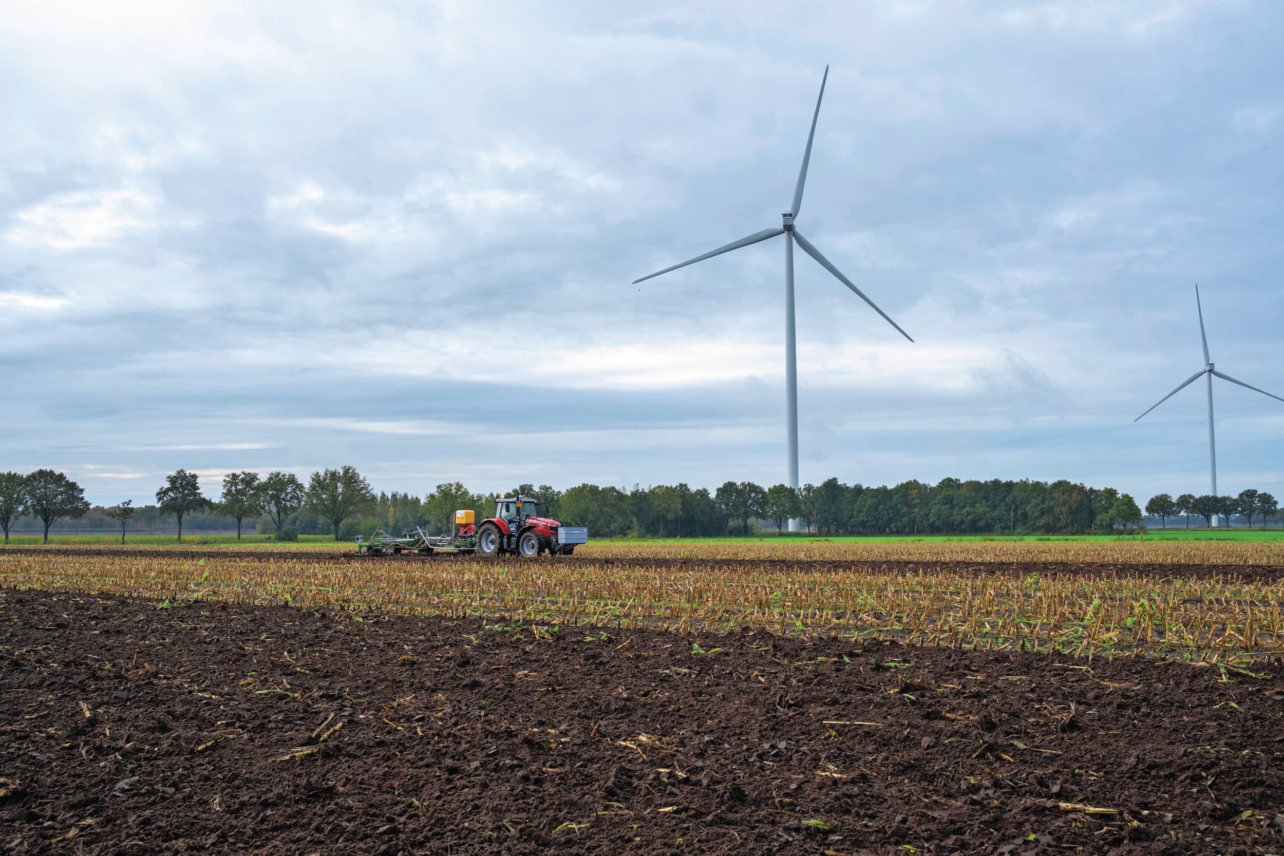 Het zaaien van een vanggewas na snijmais. Er wordt vaker met gras ingezaaid dan met een eiwitgewas. De lastige teelt en onzekerheid over subsidies spelen daarin een grote rol. Foto: Bram Becks Fotografie