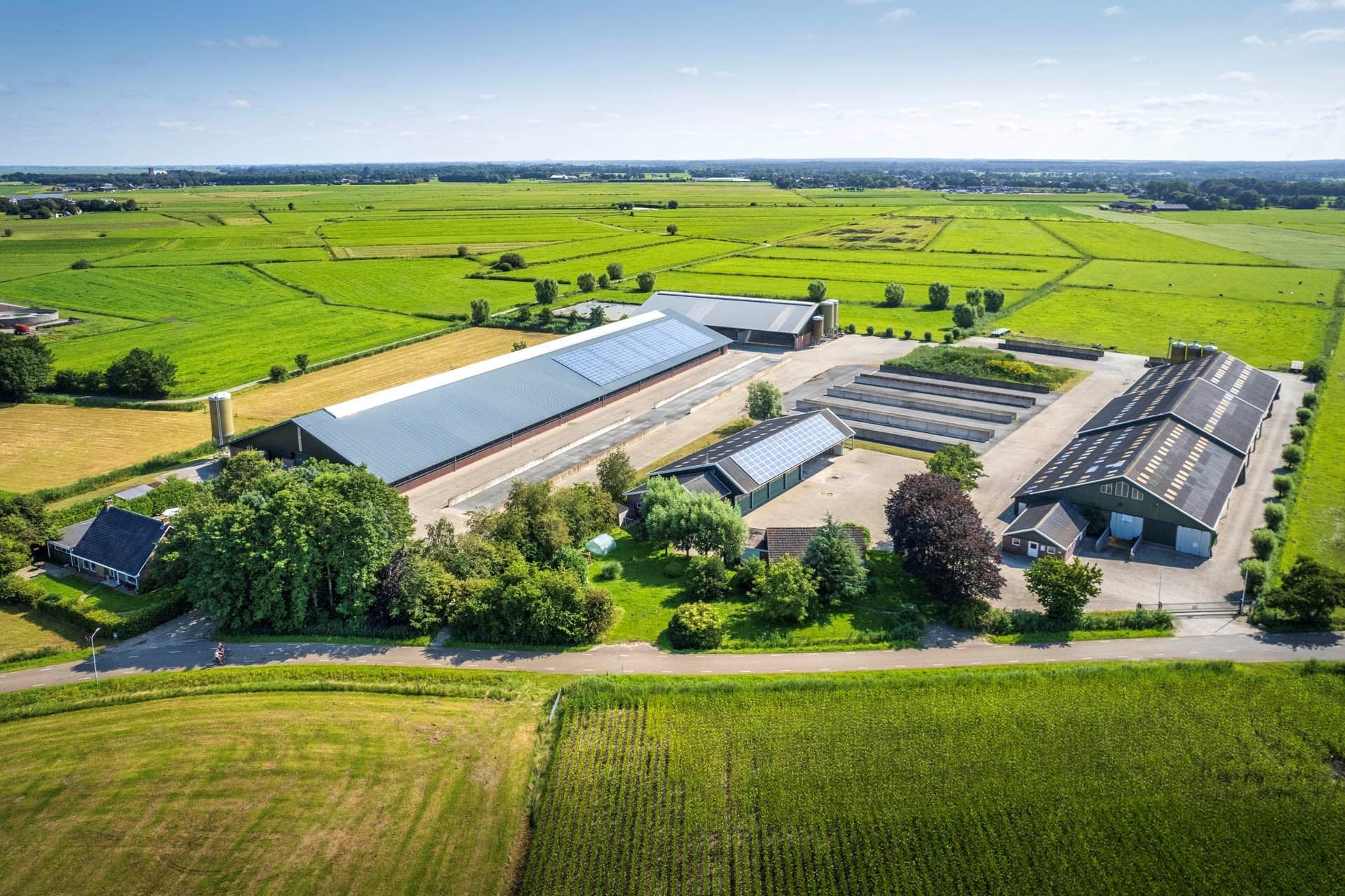 Luchtopname van het melkveebedrijf in Doornspijk met 79 hectare grond, moderne stallen en biologische bedrijfsvoering. – Foto: Havinga makelaardij