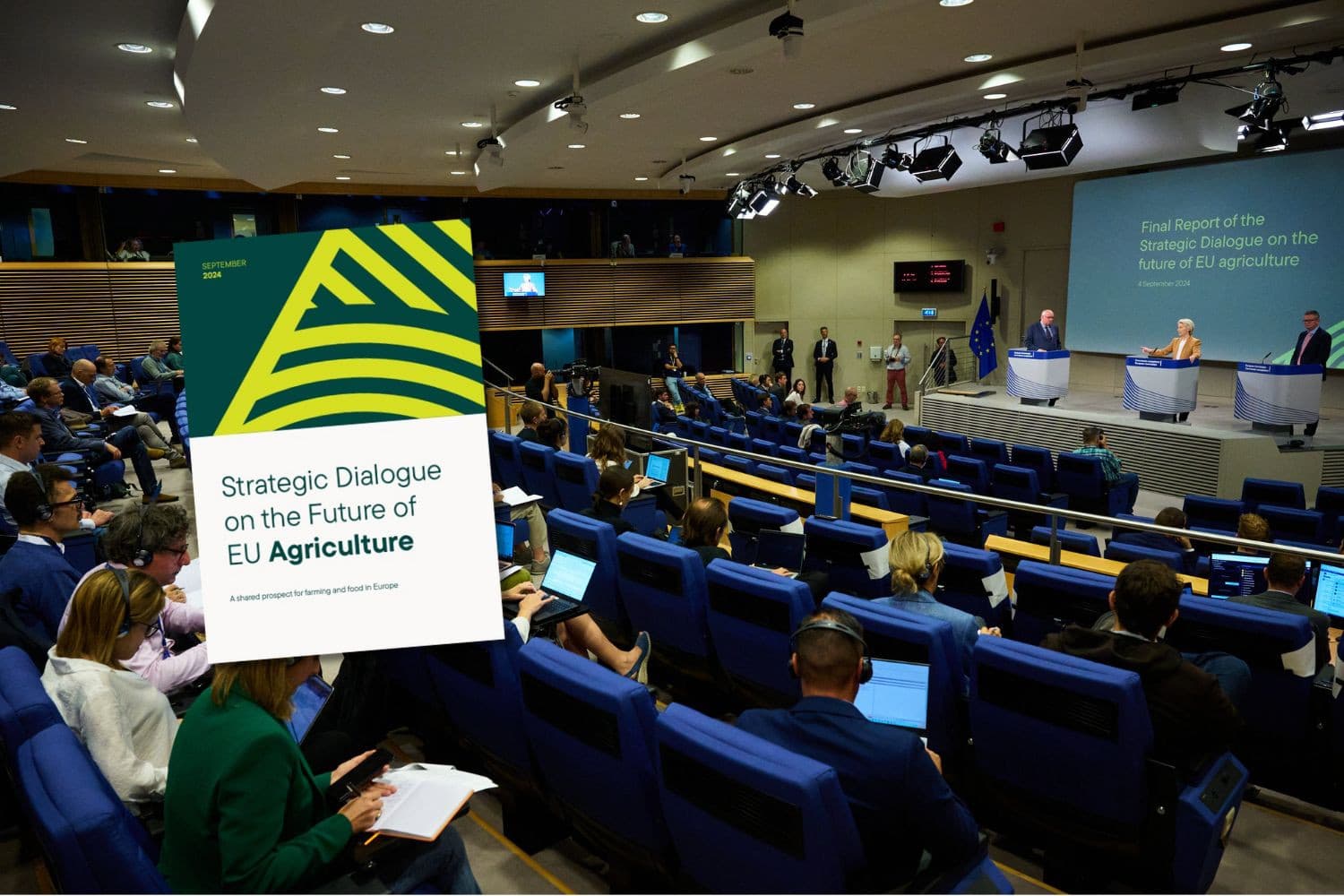Persconferentie van Ursula von der Leyen, voorzitter van de Europese Commissie, en Peter Strohschneider, voorzitter van de Strategische Dialoog over de Toekomst van de EU-Landbouw, tijdens de presentatie van het eindrapport. Inzet: cover rapport. – Afbeeldingen: Europese Commissie