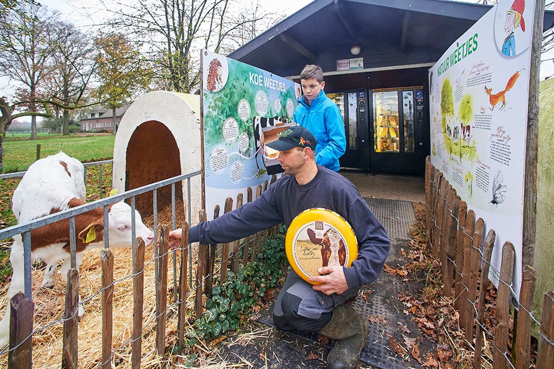 In de automaten liggen ook andere producten dan kaas, zoals eieren en honing. Het winkeltje is aangekleed met een dierenweitje. - Foto's: Van Assendelft Fotografie