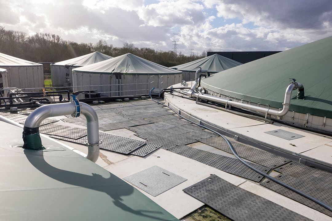 Een overzicht vanaf de membraanbioreactor. Helemaal rechts is de verwerkingshal te zien. De silo's zijn voor de opslag van drijfmest en dienen als buffer.