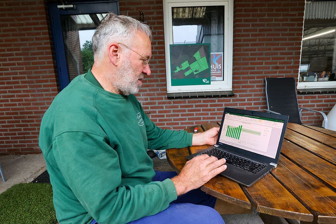 De gegevens van de grashoogtemeting gaan in de computer. Het levert visueel, in een duidelijke diagram, op hoeveel gras op welk perceel staat. Dat helpt in de beslissing voor de hoeveelheid bijvoeding.