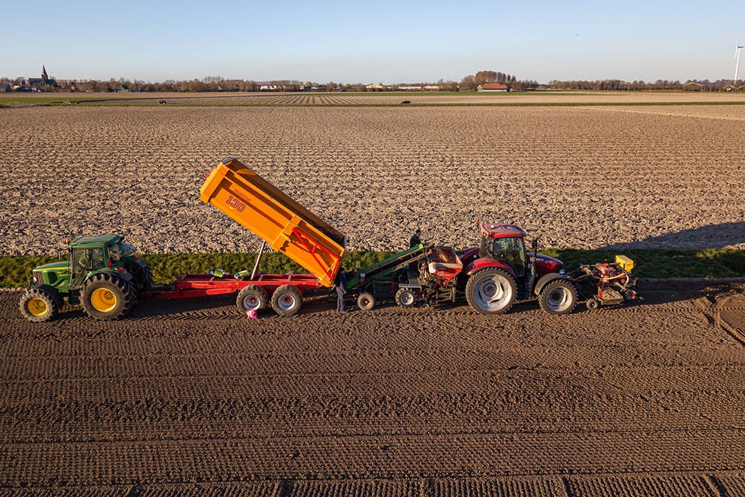 Maandag 14 maart, Wino Schrauwen plant uien (Sturon) op een perceel in Stampersgat. "Ging buitengewoon goed", vertelt Schauwen. "Vorig jaar hebben we onder droge omstandigheden netjes kunnen ploegen. Nu eerst met de rotoreg erover plus een eg voorop de trekker bij het planten.  Nu kijk ik tot begin april aan of er een buitje valt, anders ga ik beregenen." Schrauwens bietenland (zware grond)  was woensdag de 23ste nog niet bekwaam. "Zou je daarin gaan werken dan heb je stof  én je haalt natte kluiten naar boven." - Foto: Peter Roek