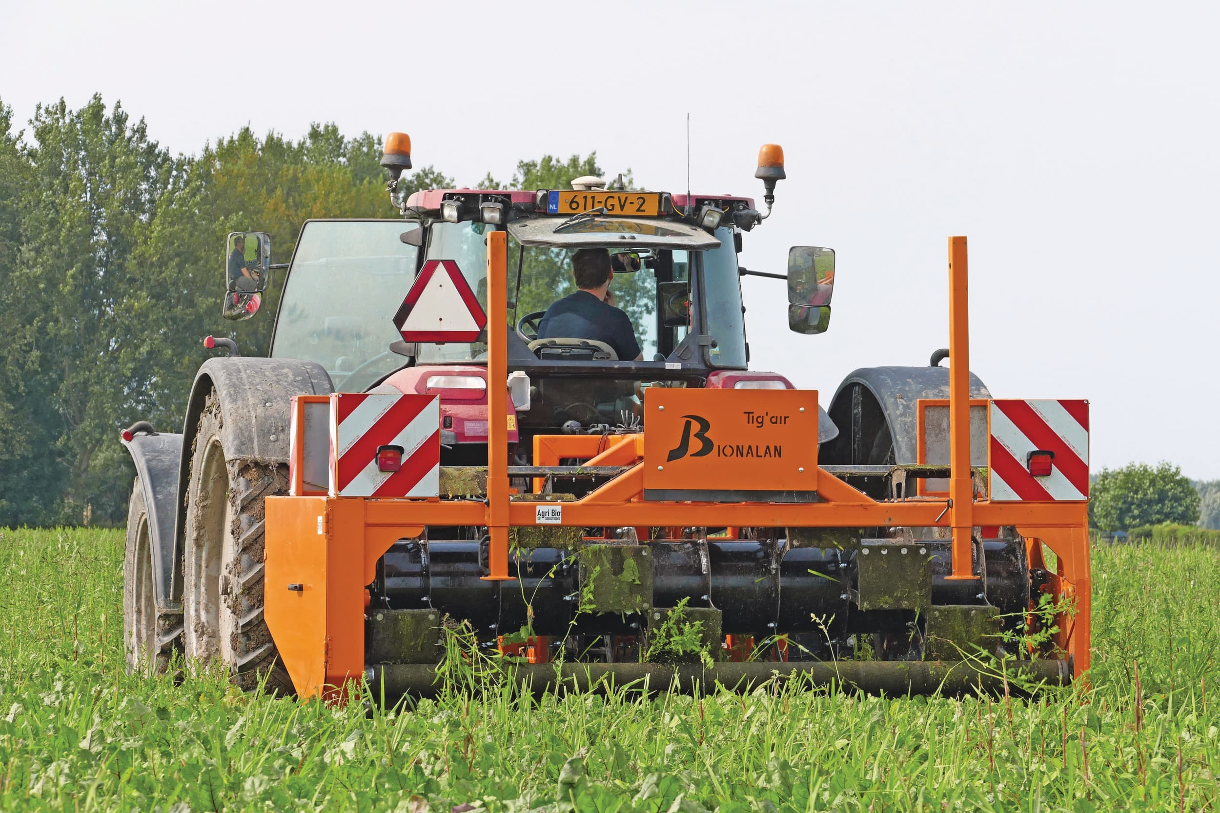De Tig’Air van Bionalan aan het werk in de rode bieten. De machine werkt met een ronddraaiende haspel die het onkruid tegen een kleinere rol klemt en omhoogtrekt. Onkruid moet voldoende boven het gewas staan om goed grip te krijgen. De eerste exemplaren draaien inmiddels in Nederland. Tot nu toe allemaal met 3 meter werkbreedte. Foto’s: Martin Smits