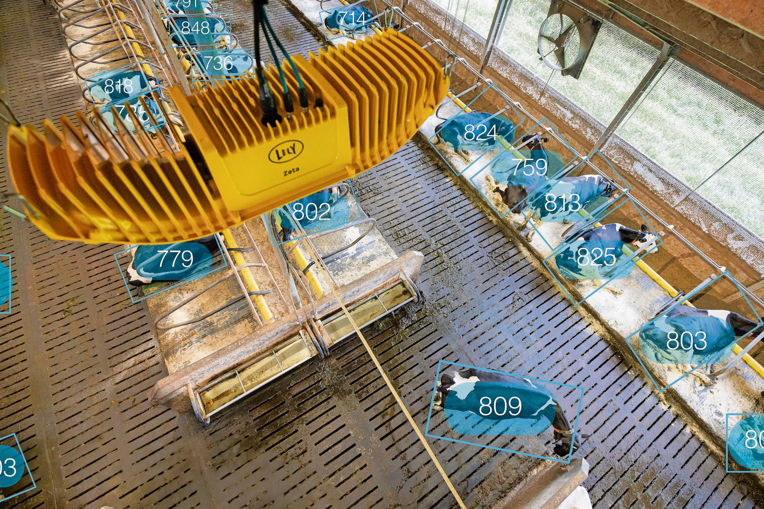 De Lely Zeta is een module bovenin de stallen die bestaat uit een combinatie van gestuurde ledlampen, camera's en rekenkracht. Foto’s: Lely