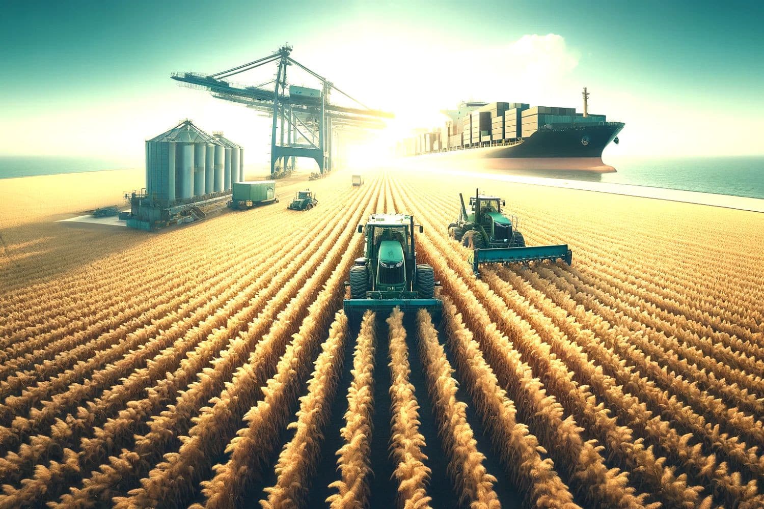 Een uitgestrekt agrarisch landschap met gewassen en een vrachtschip in de achtergrond. Dit beeld illustreert de EU's rol in voedselzekerheid en de export van landbouwproducten. Afbeelding: DALL-E