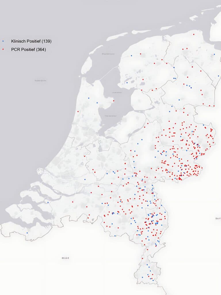 Kaart van Nederland met besmettingsgevallen per woonplaats, bijgewerkt op 22-07-2024. Klinisch positief: dieren met zichtbare ziekteverschijnselen van blauwtong. PCR positief: dieren waarbij het blauwtongvirus is bevestigd door een PCR-test. – Bron: NVWA