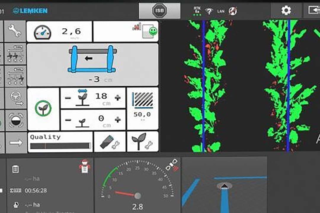 Met de software iQblue Weeder is Lemken er in geslaagd de complete Isobus-besturing van schoffelmachines, inclusief sectiebesturing en camerabeelden, te tonen op één scherm. - Foto: Lemken