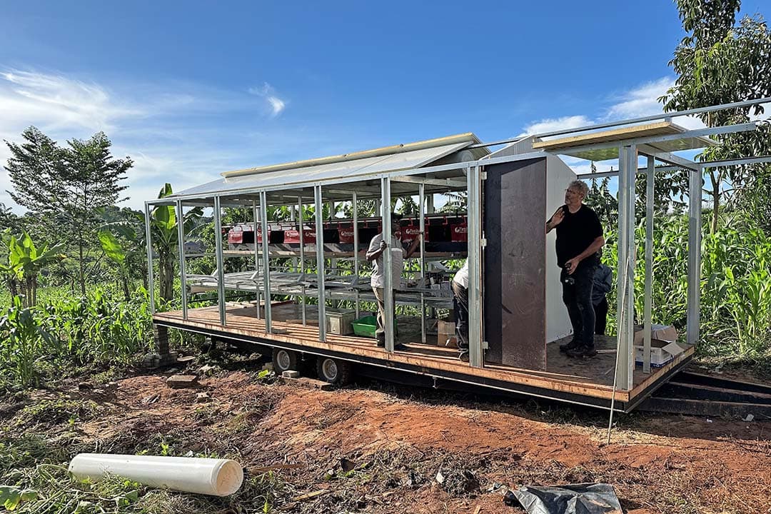 Tijdens de tweede dag zijn de zitstokken gemonteerd, is de watertank geplaatst en zijn de drinkwaterleidingen aangesloten. Ook is de muur met deur geplaatst tussen dierverblijf en voorruimte.