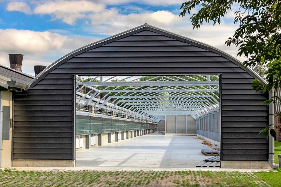 De achterkant van de overdekte uitloop aan de buitenste stal. Deze hoefde niet ‘verhoogd’ gebouwd te worden zoals de andere drie uitlopen, die hoger zijn dan de naastliggende stallen. Deze uitloop is breder dan de andere drie. De bouw van de vier uitlopen startte deze zomer en nam ongeveer drie maanden in beslag.