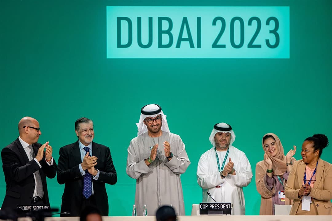 Beeld van de klimaatconferentie COP28 in Dubai met  COP28-voorzitter Dr. Sultan Ahmed Al Jaber. - Foto: ANP