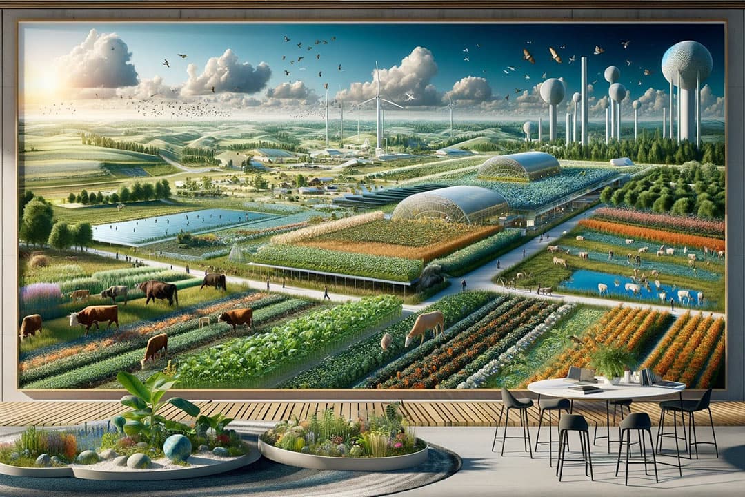 Moderne, duurzame landbouw: een utopische visie in praktijk. - Afbeelding: gegenereerd door OpenAI's DALL-E