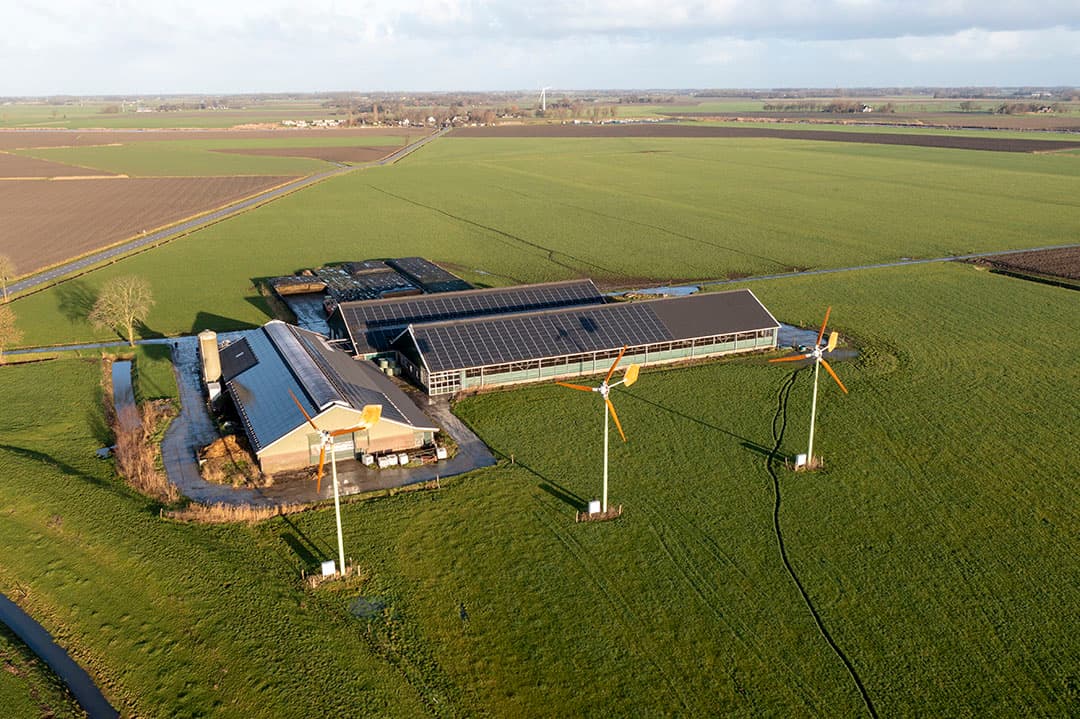 Zonnepanelen zijn al aardig ingeburgerd in de melkveehouderij. De laatste tijd maken kleine windmolens opmars, vooral in de kustprovincies. - Foto: Anne van der Woude
