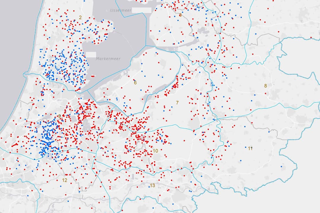 Uitsnede van Nederland met locaties blauwtong. - Afbeelding: NVWA, beeldbewerking