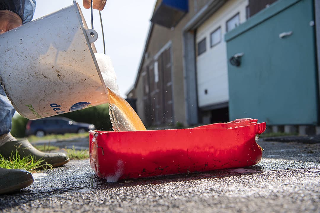 Het laarzenbad werkt alleen goed als het vaak genoeg gereinigd wordt en het ontsmettingsmiddel wordt ververst. Hoe vaak hangt van het middel af. - Foto: Mark Pasveer