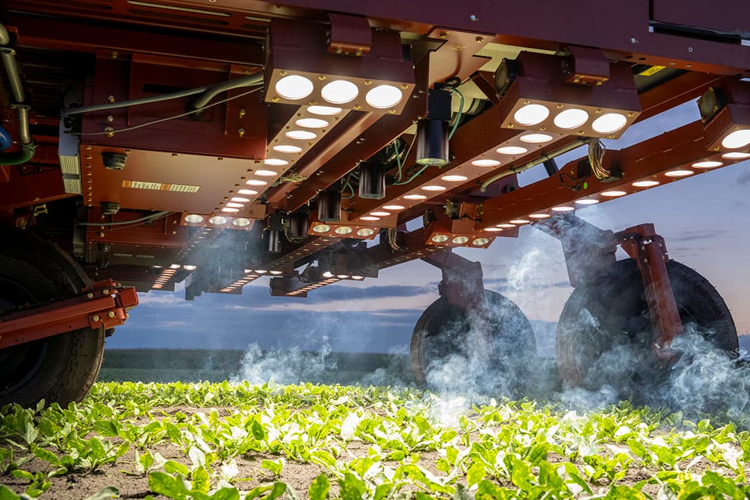 De lampen Onder de LaserWeeder zorgen voor constant licht, vier keer sterker dan zonlicht. Tussen de rijen lampen zitten twee rijen camera’s. In de eerste rij zitten 12 camera’s voor plantherkenning. De camera’s n de tweede rij sturen de 30 lasers aan, die samen 55 planten per seconde raken. - Foto: Bram Becks