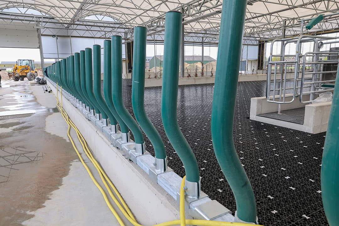 Van Esch koos voor het Easyfix-voerhek Evolve van MS Schippers. De koeien hangen meer natuurlijk in dit kunststof voerhek. Het hek golf een beetje mee. De 5 meter brede voergang links wordt nog gedeeltelijk gecoat.