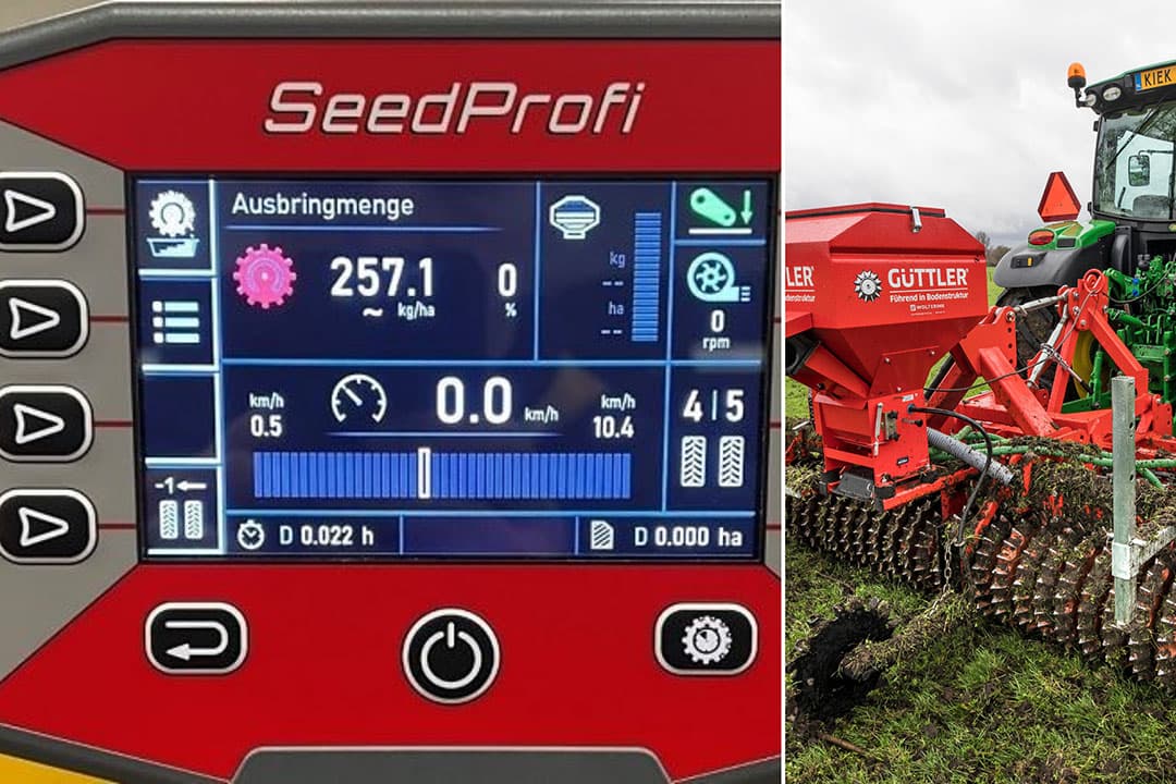 De elektronische bedieningsterminal Seed Profi van machinefabrikant Güttler is geschikt voor de GreenMaster-wiedeg met doorzaaimachine en voor de SuperMaxx Culti-cultivator tijdens het zaaien van vanggewassen. - Foto: Güttler/Koos Groenewold