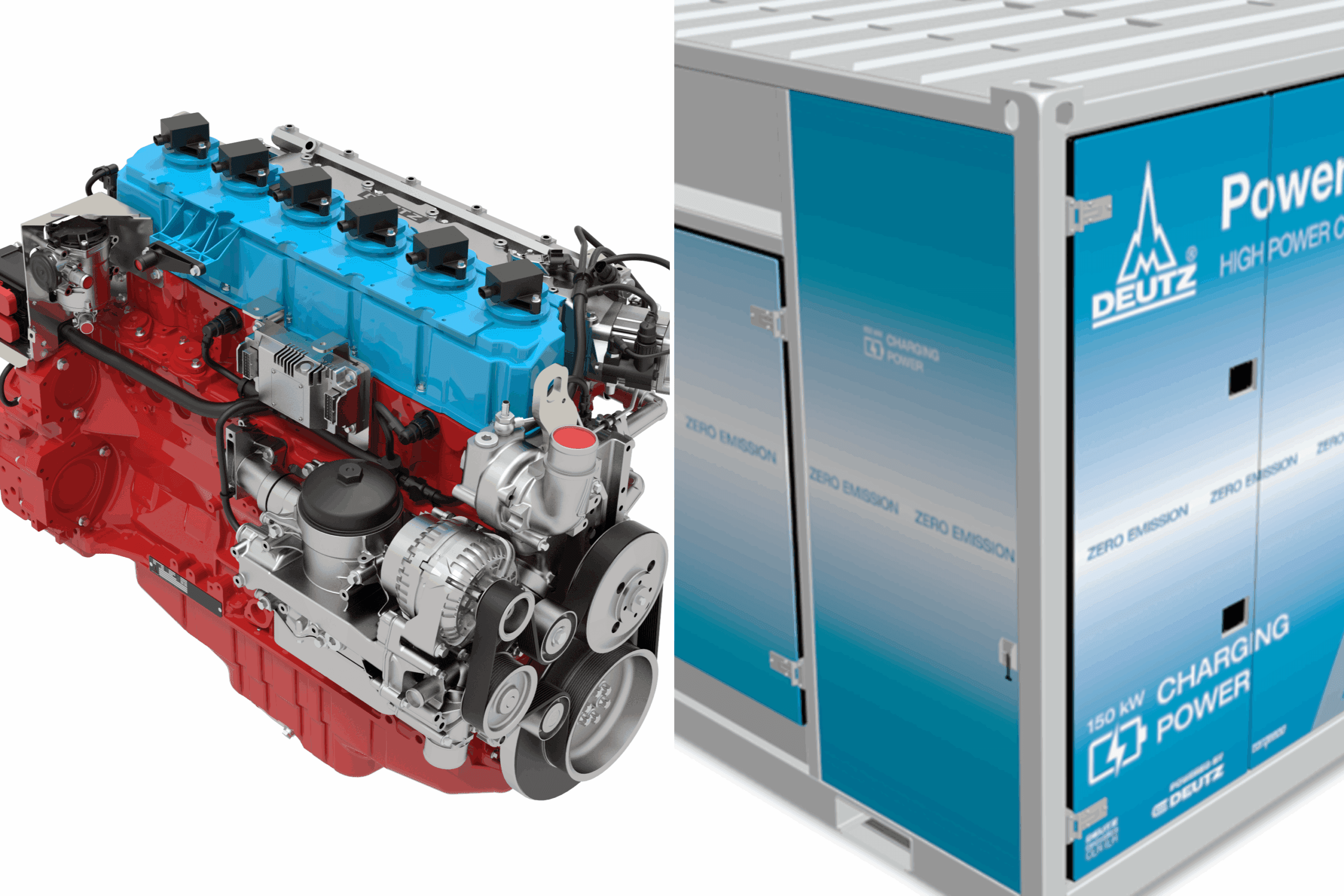 De Deutz TCG 7.8 H2-waterstofmotor levert 220 kW aan vermogen en gaat naar verwachting in 2024 in productie. De waterstofmotor is te zien op de op de Amerikaanse vakbeurs ConExpo Con/Agg van 14-18 maart in Las Vegas. Deutz introduceert daar ook zijn mobiele snellaadsysteem PowerTree. - Foto's: Deutz
