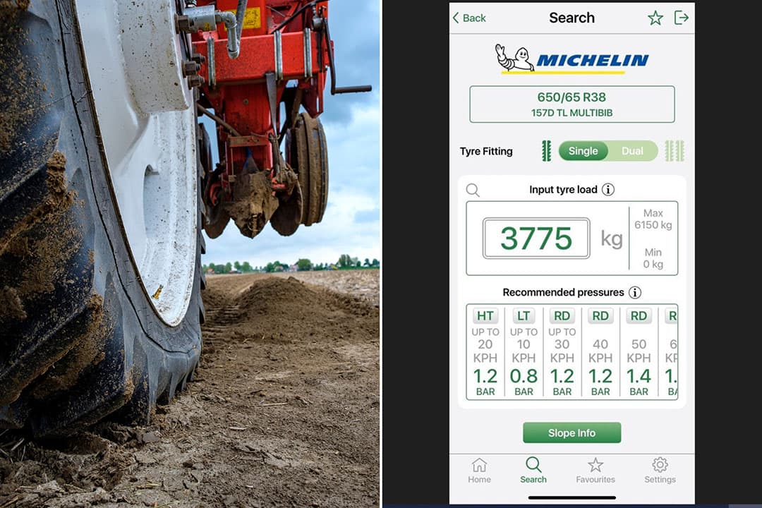 In de Agro Tyre Pressure app voer je het bandenmerk, de lading, de snelheid en de bandenmaat in. Vervolgens berekent de app op basis van de ingevoerde gegevens de juiste bandenspanning. - Roel Dijkstra/Misset