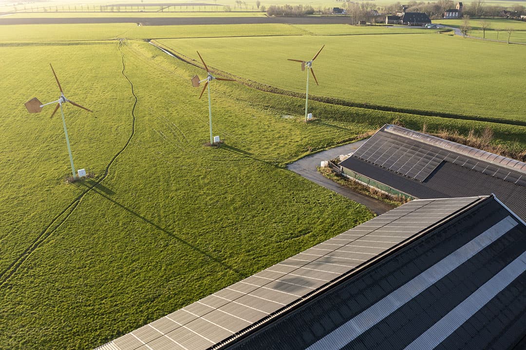 Zonnepanelen zijn al aardig ingeburgerd in de melkveehouderij. De laatste tijd maken kleine windmolens opmars, vooral in de kustprovincies. De combinatie van beide technieken biedt voordelen. - Foto: Anne van der Woude