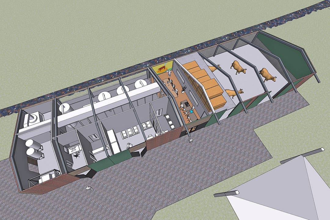 Een ontwerp van een boerenbedrijf waarop kweekvleesproductie plaatsvindt. - Foto: RESPECTfarms