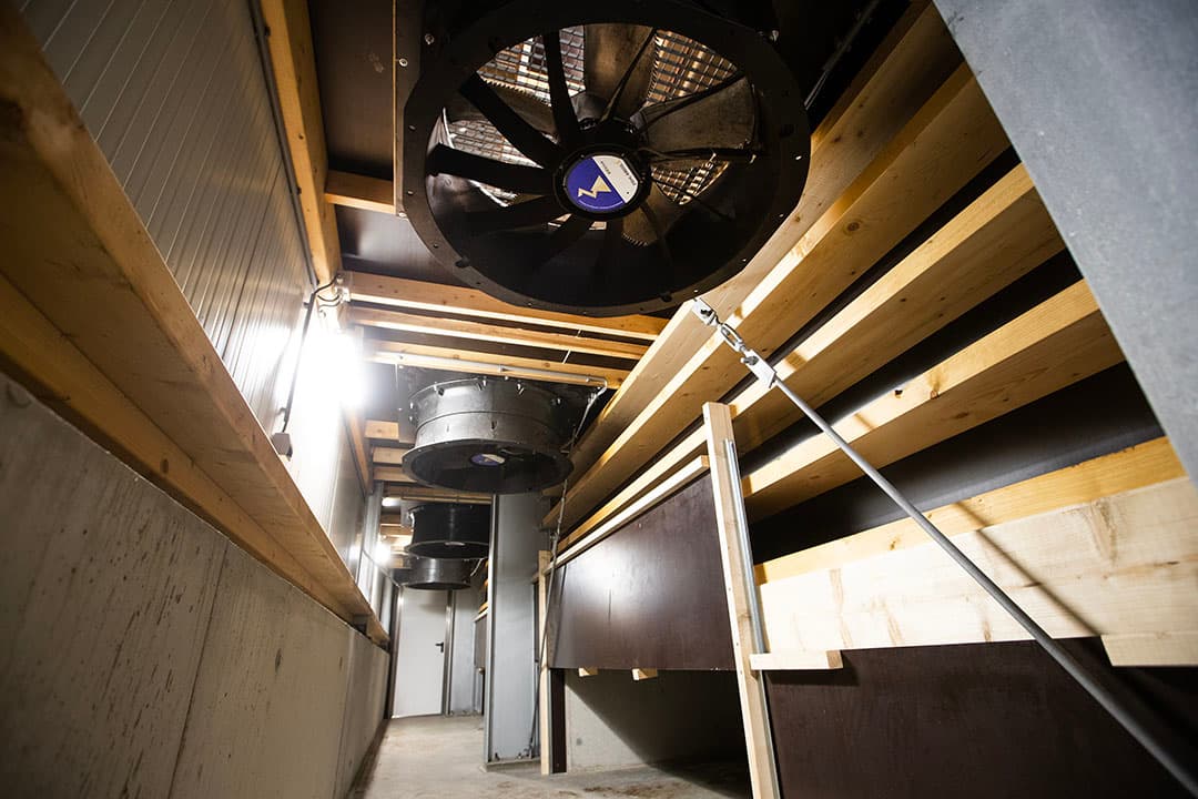 De toerengeregelde ventilatoren in de bewaarplaats.