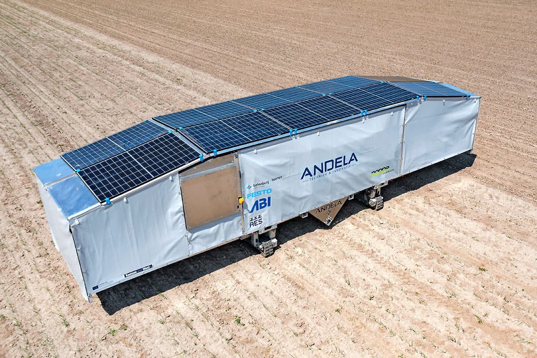 De ARW-912 in bedrijf in uien (bij Poppe, Nagele). De maximale werkbreedte van deze uitvoering is 9 meter, zonnepanelen zorgen voor de aansturing van alle 43 elektromotoren op het wiedapparaat. - Foto: Klaas Eissens