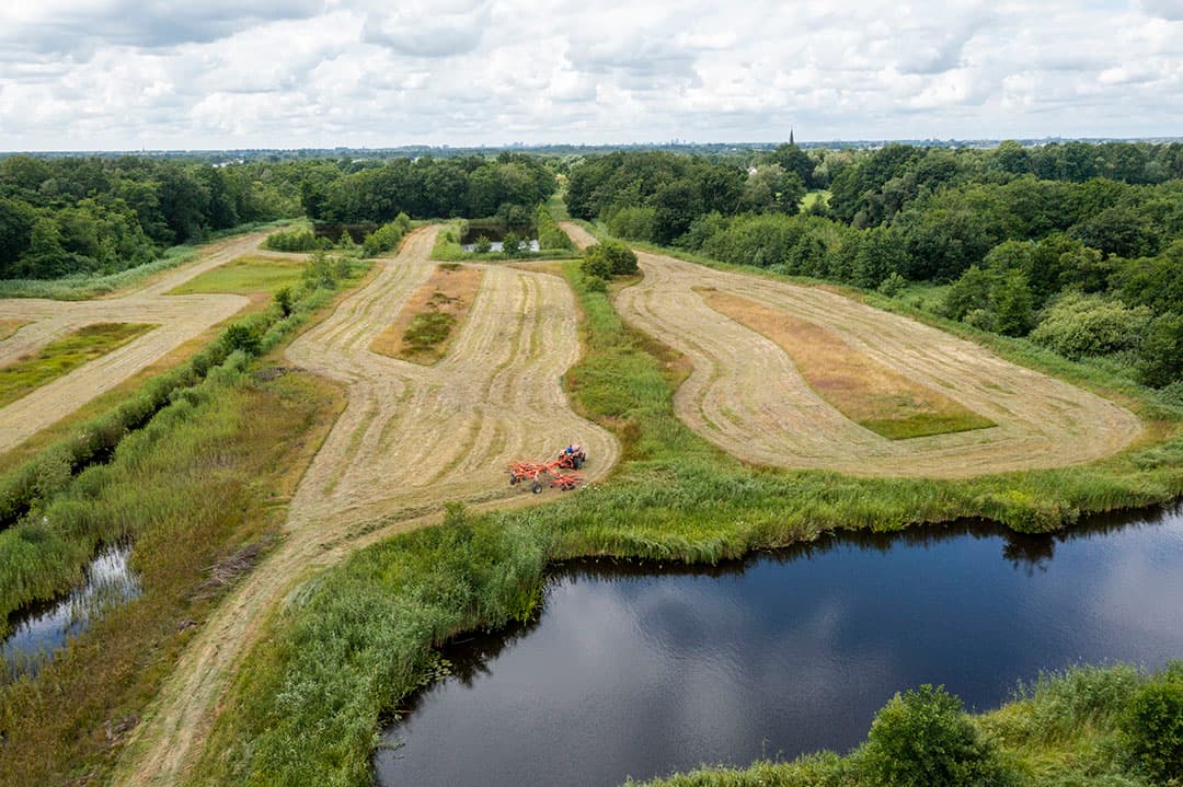 Van boven is goed te zien dat gangbare landbouw erg lastig is in het gebied de Vechtplassen. Landbouw staat in feite in dienst van de natuur op deze percelen. - Foto: Cor Salverius