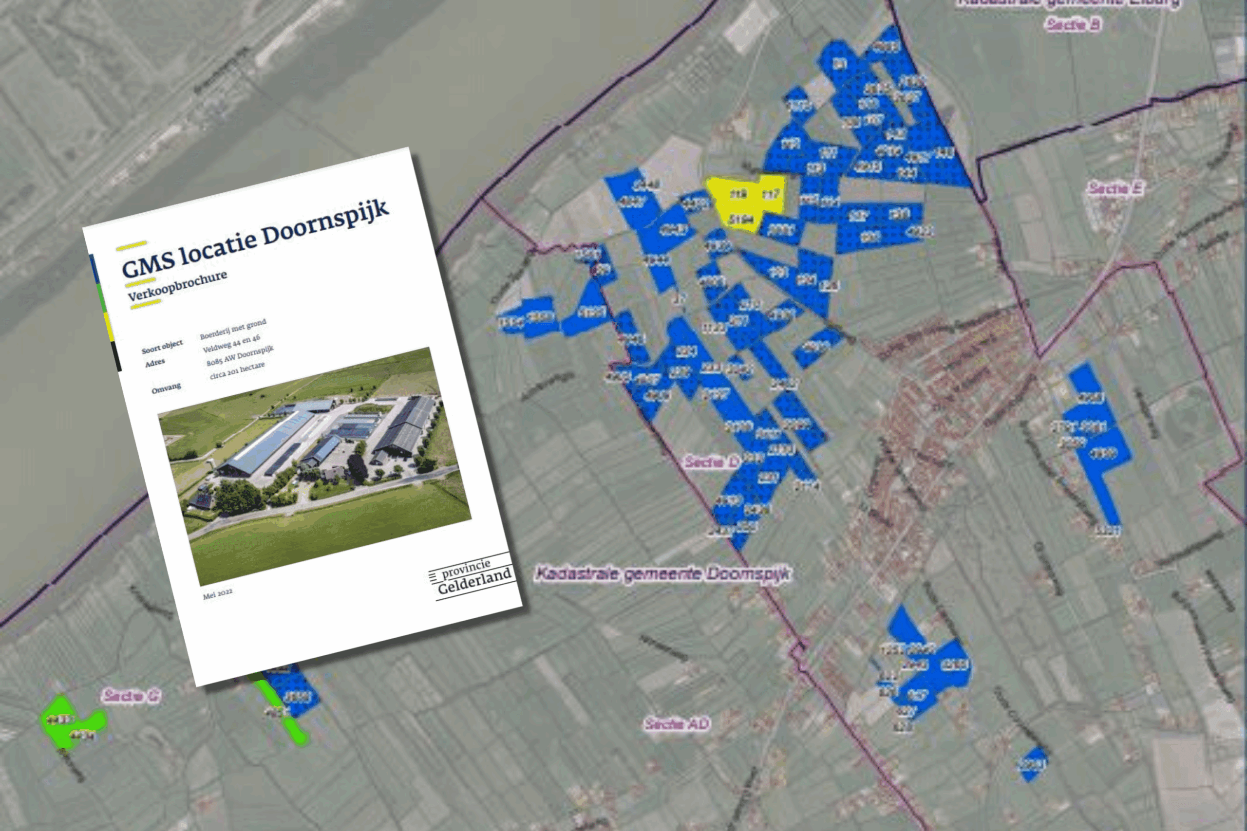 Locatie van het melkveebedrijf (geel) in Doornspijk. - Afbeelding: verkoopbrochure provincie Gelderland, bewerking Misset