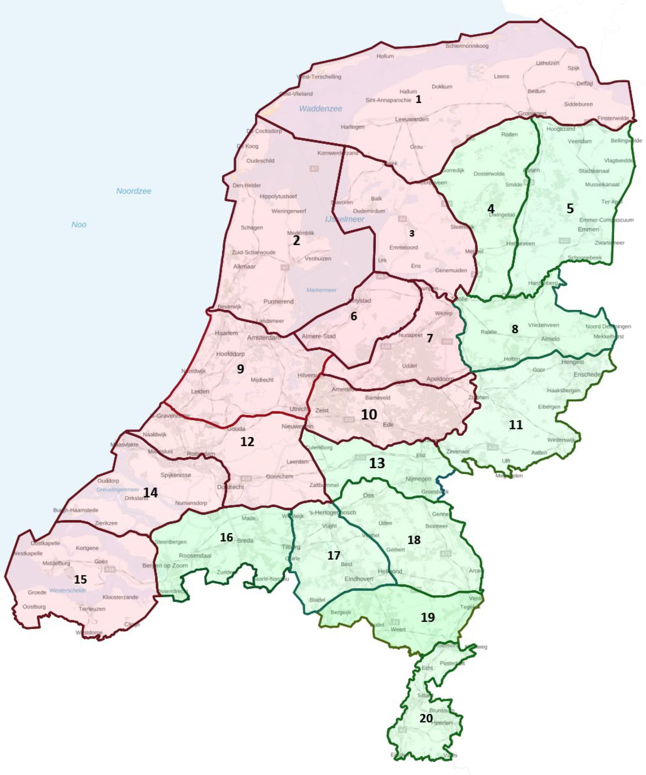 aption id="attachment_540856" align="alignleft" width="250"] Groen zijn compartimenten waar geen ophokplicht geldt. Pluimveehouders in de rode compartimenten moeten pluimvee binnen houden. – Afbeelding: ministerie LNV