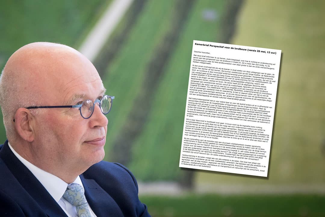 Pagina 1 van de Kamerbrief Perspectief voor de landbouw. Landbouwminister Henk Staghouwer heeft de conceptversie op een aantal punten aangepast, alvorens de brief naar de Tweede Kamer ging. - Foto: Koos Groenewold en ministerie LNV