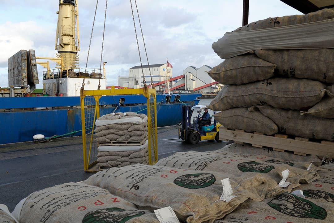 Het laden van pootaardappelen in de haven. - Foto: Penn Communicatie
