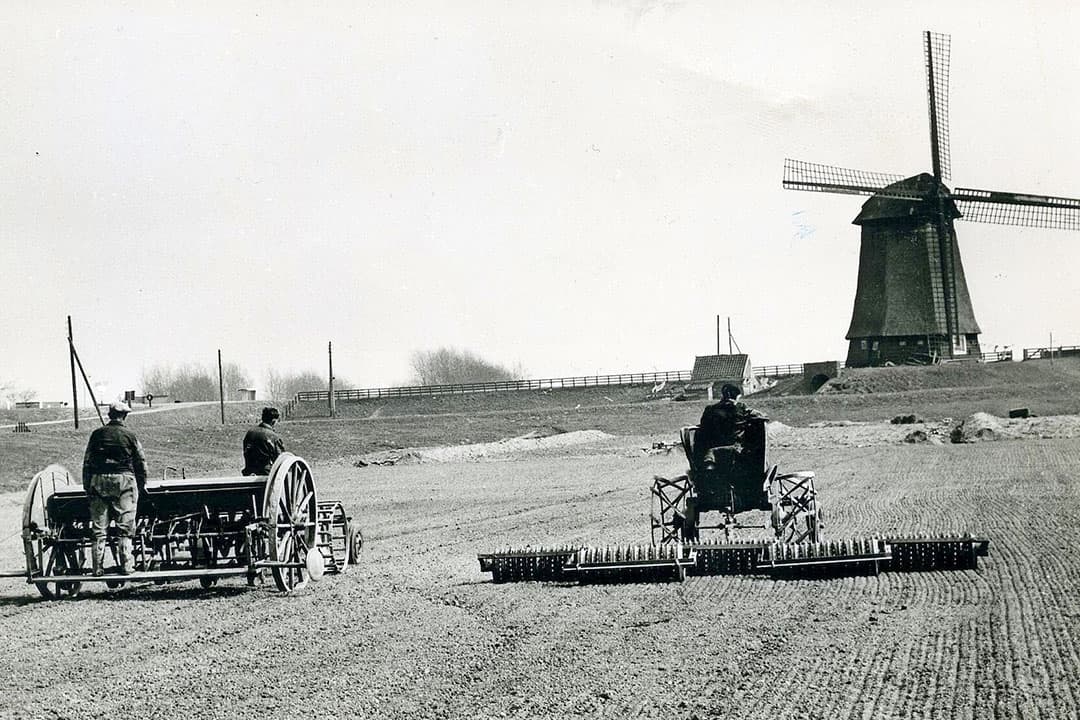 Boeren in 1958 aan het werk in de Schermerpolder. Dit is één van de drooggelegde Noord-Hollandse binnenmeren. Het doel was niet primair om meer landbouwgrond te krijgen maar om de steden te beschermen tegen overstromingen. Dat er prima landbouwgrond bij vrij kwam, was echter mooi meegenomen. – Foto: Misset