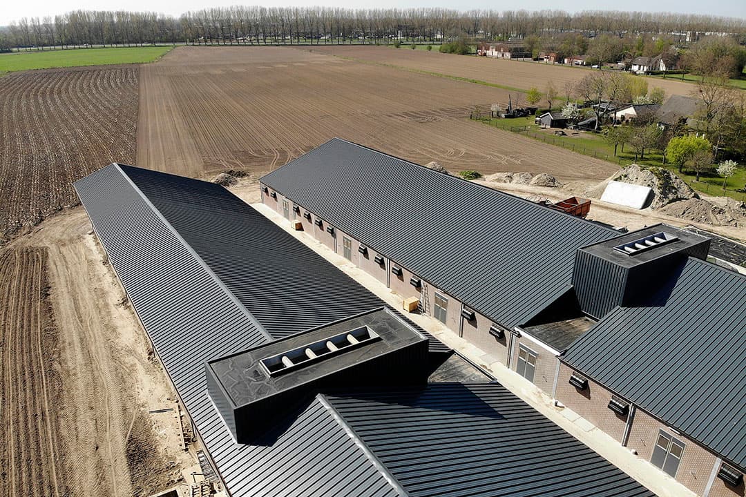 Door de luchtwassers in het midden te plaatsen wordt de stal opgedeeld in meerdere compartimenten. - Foto: Hans Prinsen