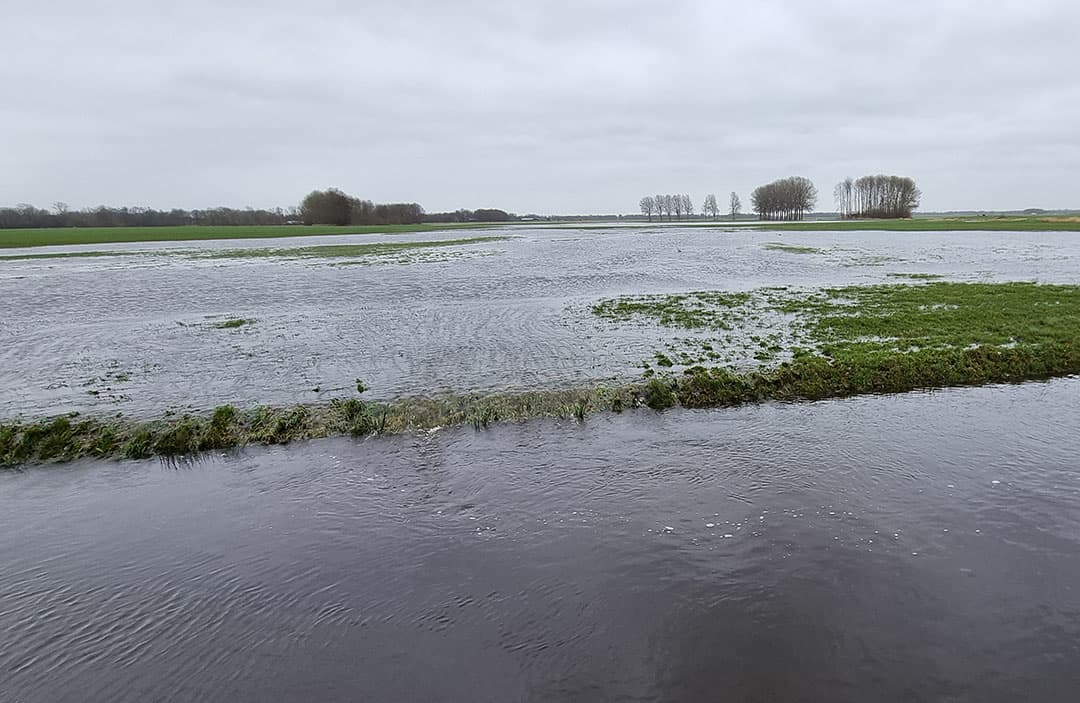 Ondergelopen weilanden bij Dieverbrug. - Foto: ANP