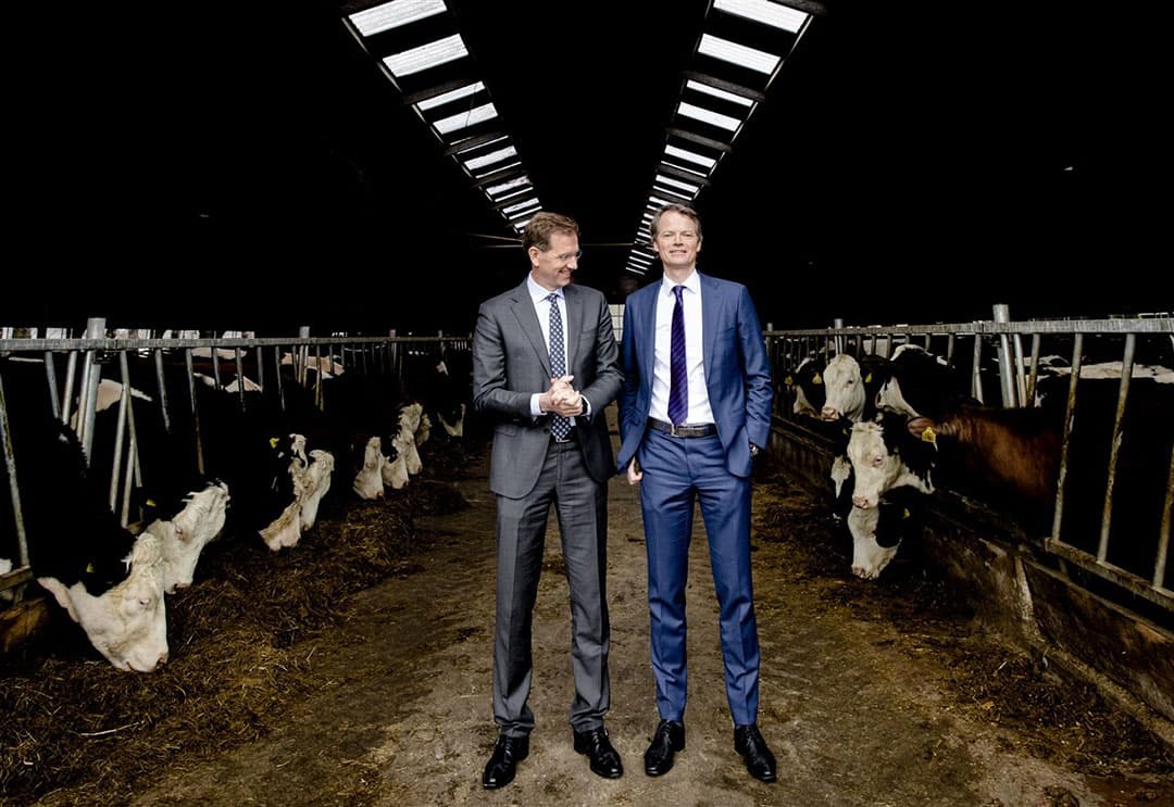 Bestuursvoorzitter van Rabobank Wiebe Draijer (links) met CFO Bas Brouwers in de stal van een melkveehouder. - Foto: ANP