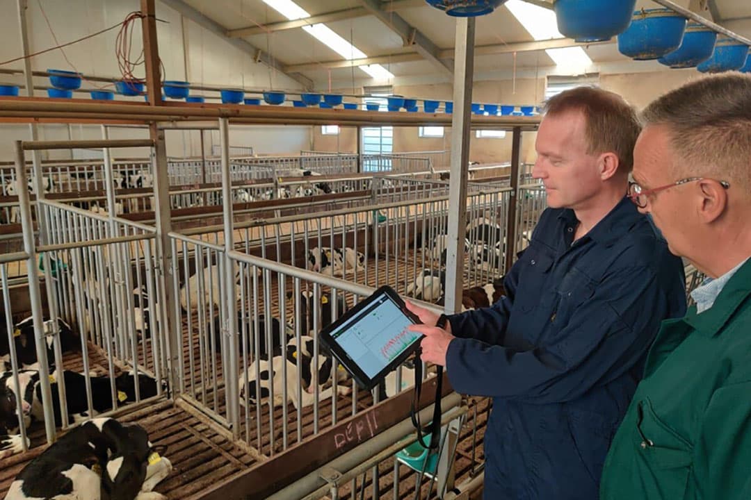 Fred Dijkstra (links) en Bulle Koster van Vitulo Plus bekijken het afwijkende temperatuurverloop van een kalf. Dijkstra is technicus en Koster is kalverdierenarts. - Foto: Vitulo Plus