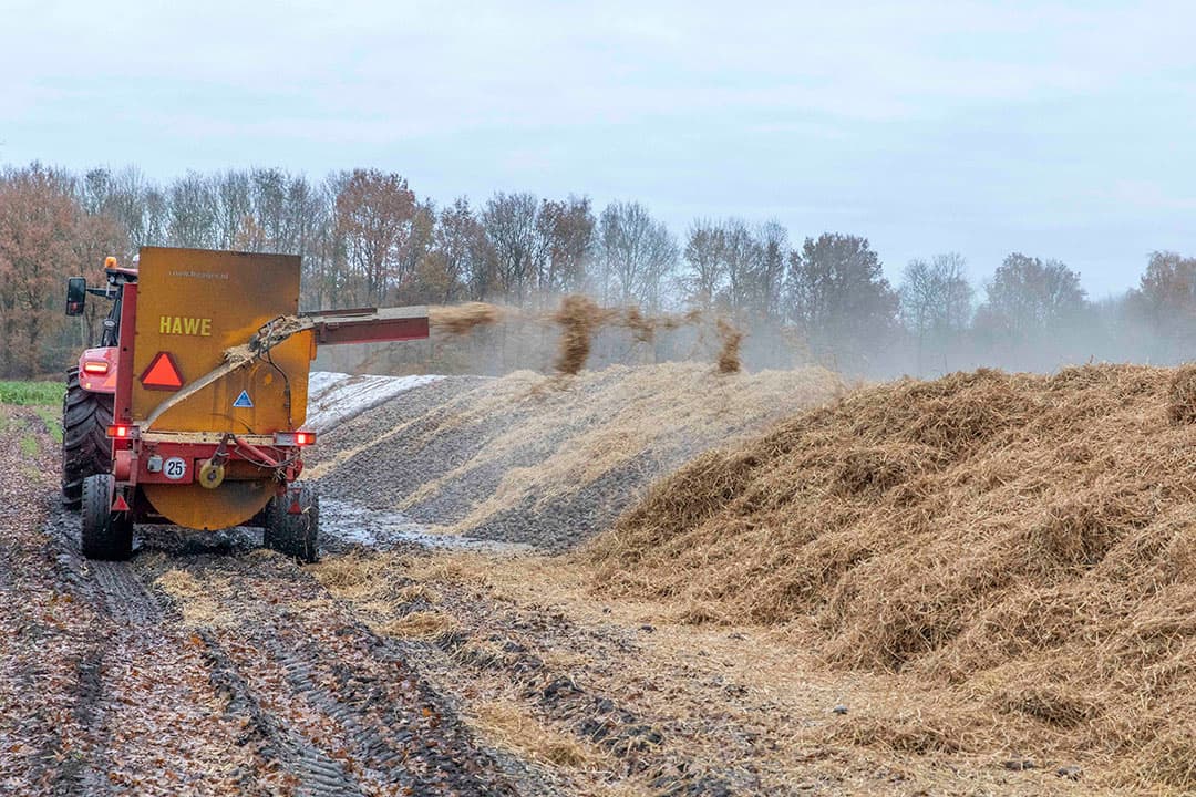De zetmeelaardappelen zijn de grond uit, maar kunnen nog niet afgeleverd worden. Dus is loonbedrijf Haaijer bezig om de oogst van Houwen in het Groningse Wedden onder het stro te blazen. Met vorst op komst is alleen een kleed niet genoeg om de aardappels te beschermen. - Foto: Koos van der Spek