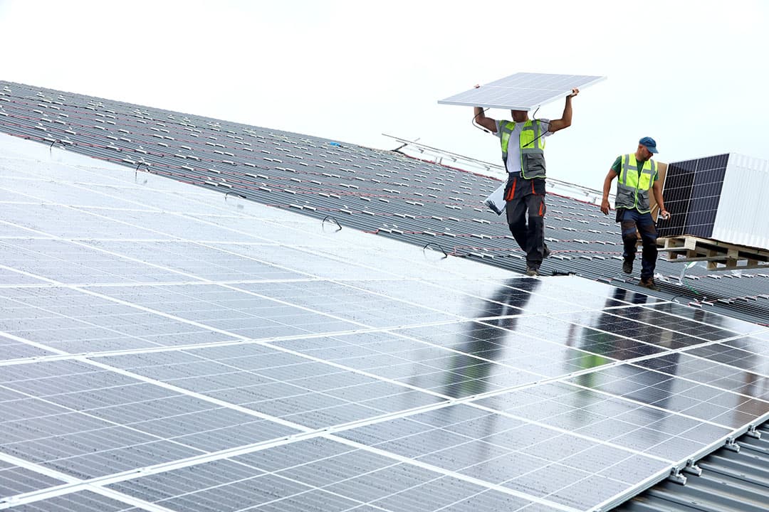 Zonnepanel worden gelegd op het dak van een ligboxenstal. - Foto: Henk Riswick