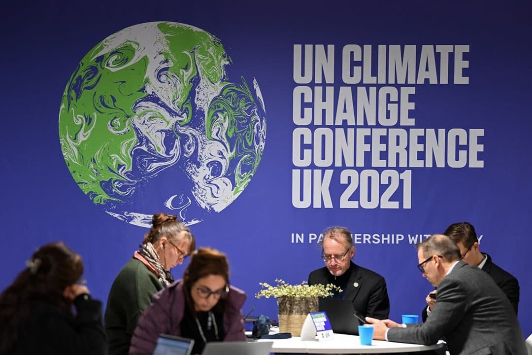 Journalisten op de VN Klimaatconferentie COP26 in Glasgow, Schotland. De conferentie duurt tot vrijdag 12 november. - Foto: ANP