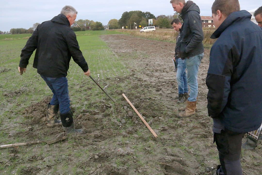 Delphy-adviseur Nelis van der Bok laat zien hoe het bodemprofiel er na het ophogen van het perceel eruitziet. In de oude bouwvoor is een blauwe ondoorlatende laag ontstaan. - Foto's: Anton Dingemanse