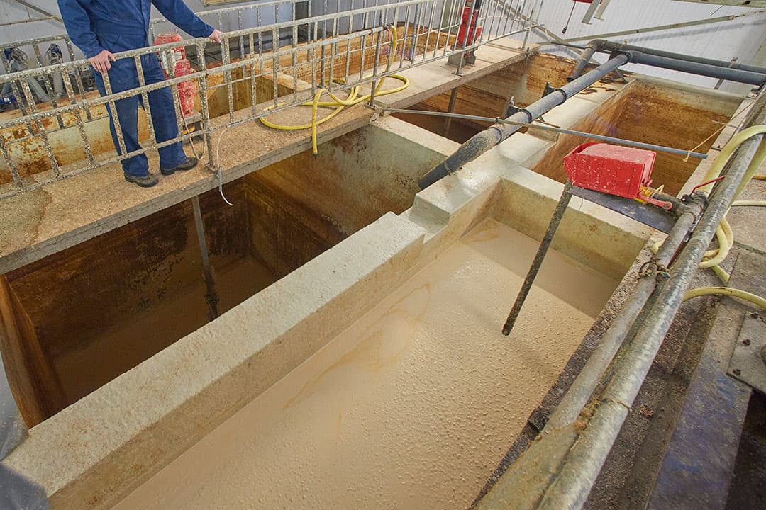 Bunker met biergist en frietmengsel op een varkensbedrijf. - Foto: Van Assendelft Fotografie