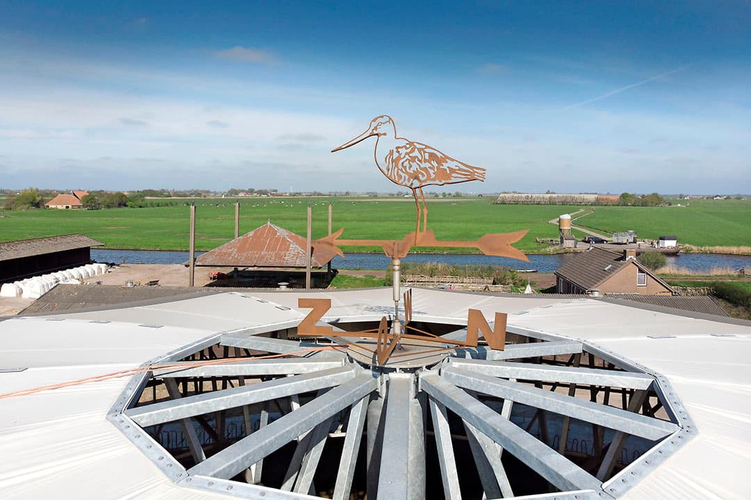 Een windwijzer op het dak van de potstal van de melkveehouder op het eiland. - Foto: Mark Pasveer