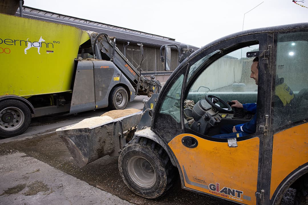 Melkveehouder Jim Pluym heeft zijn shovelbak gevuld met eiwitmix en maismeel, ingekocht via MijnVoer.nl. Naast deze twee producten, voert en Pluym nog drie broksoorten die hij tegen een scherpe prijs kon inkopen. Deze werkwijze bespaart hem €1.000 per maand. - Foto: Peter Roek